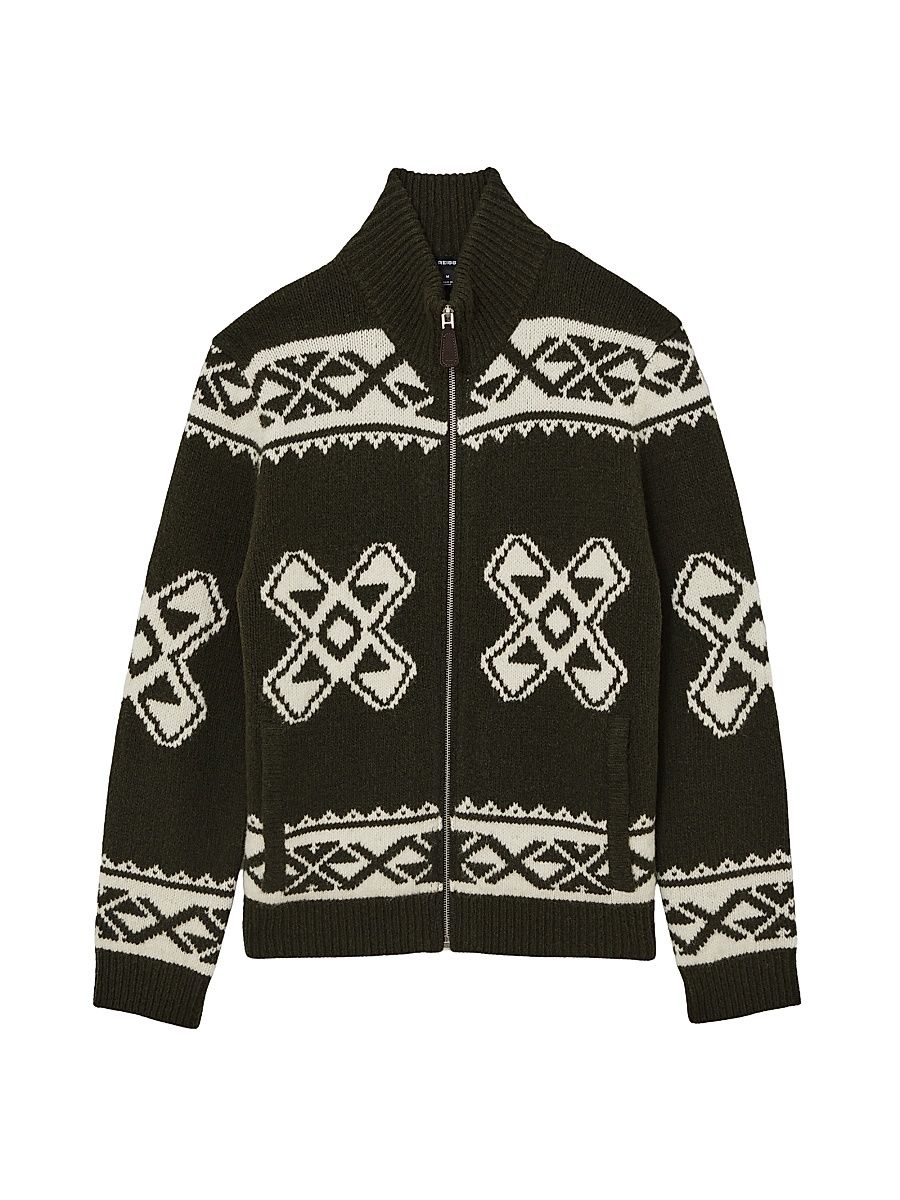 Men's Hans Fair Isle-Inspired Full-Zip Sweater - Forest Green - Size XL