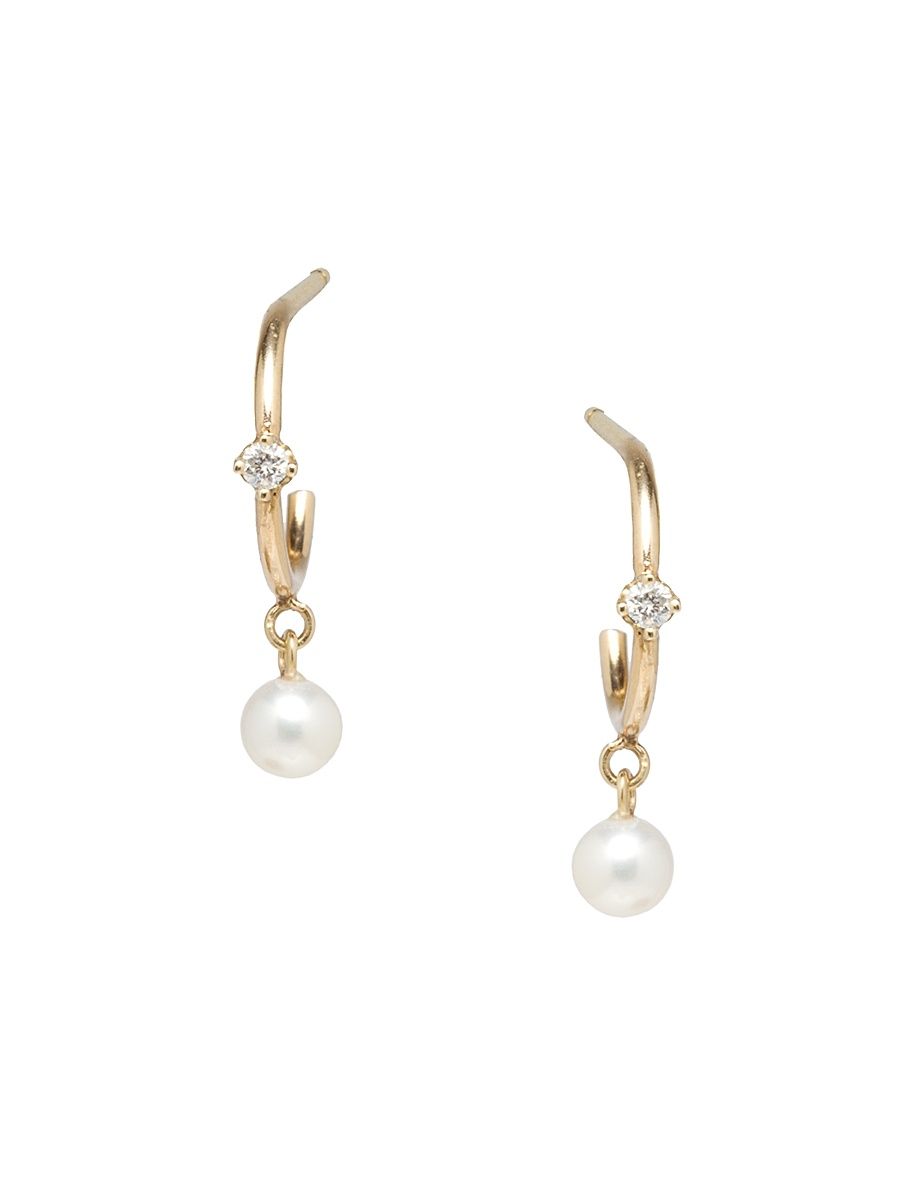 Women's 14K Yellow Gold, 2MM Pearl & Diamond Huggie Earrings - Gold