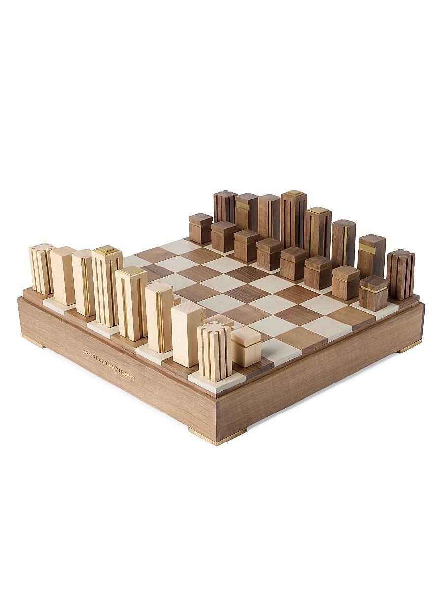 Walnut Wood, Sandstone and Brass Chess Set - Beige