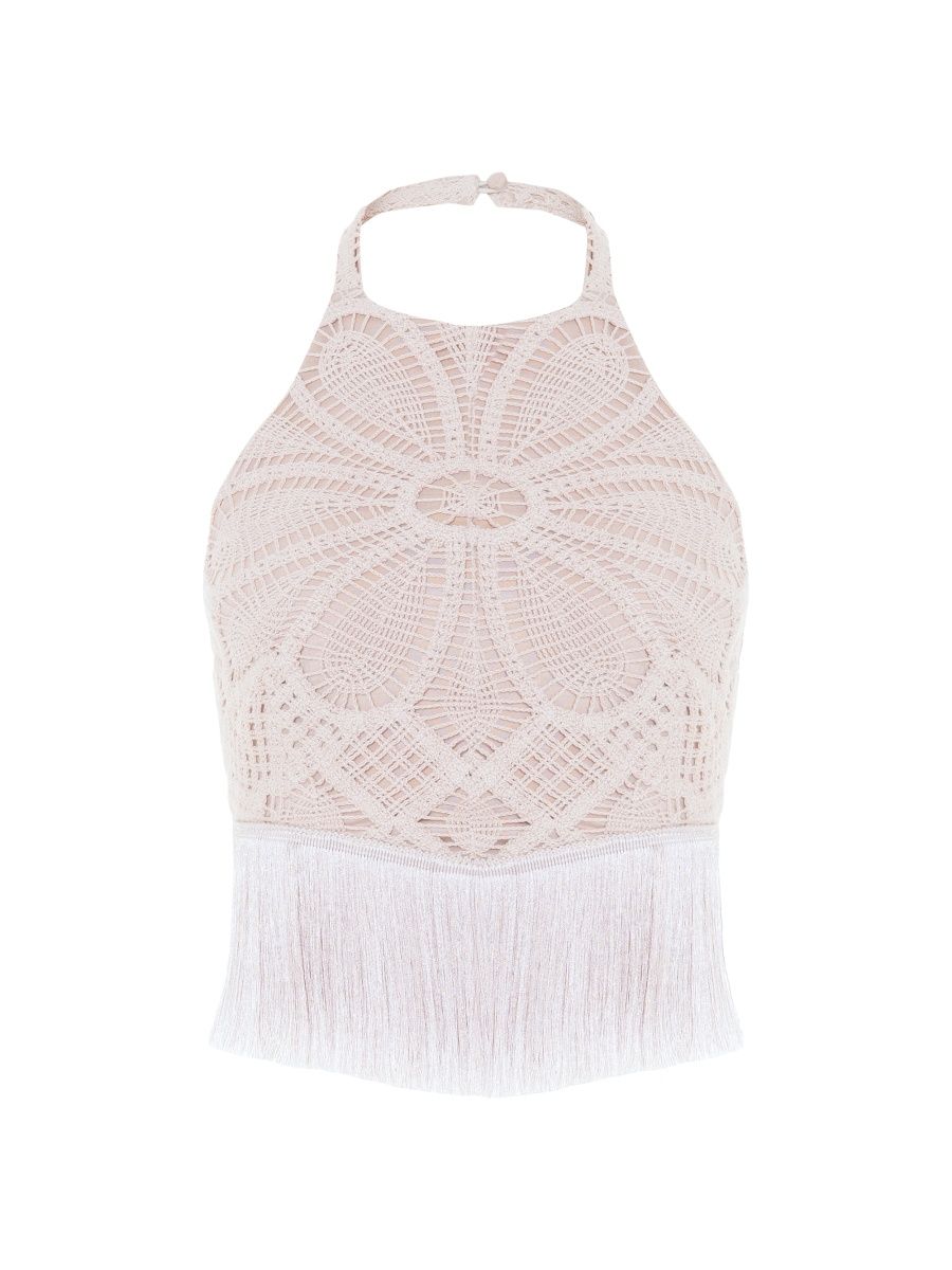 PatBO Women's Flower Crochet Halter Top - Beige - Size Medium