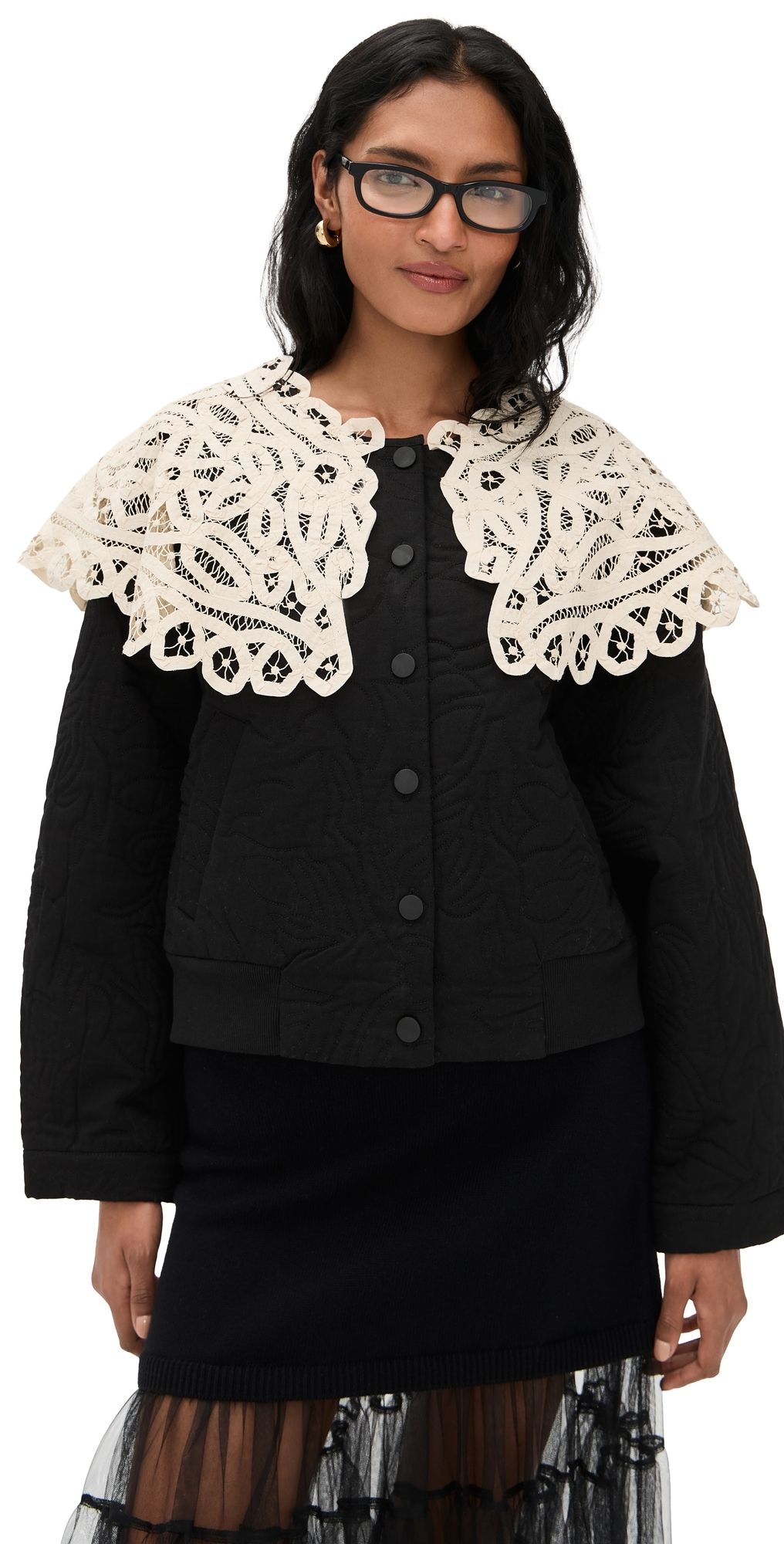 Sea Adelina Battenberg Lace Quilted Puffer Jacket Black S