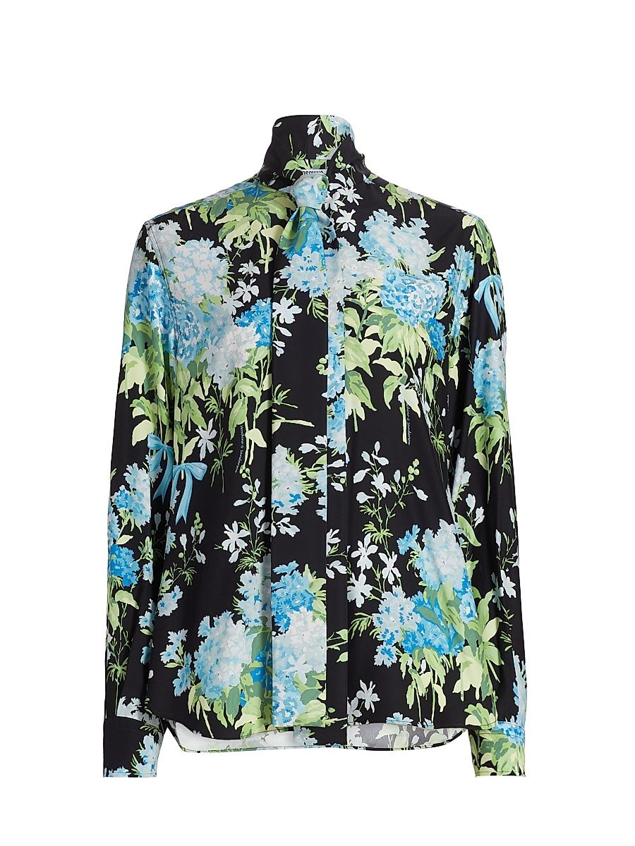 Women's Floral Silk Tie-Neck Blouse - Multi Black - Size 8