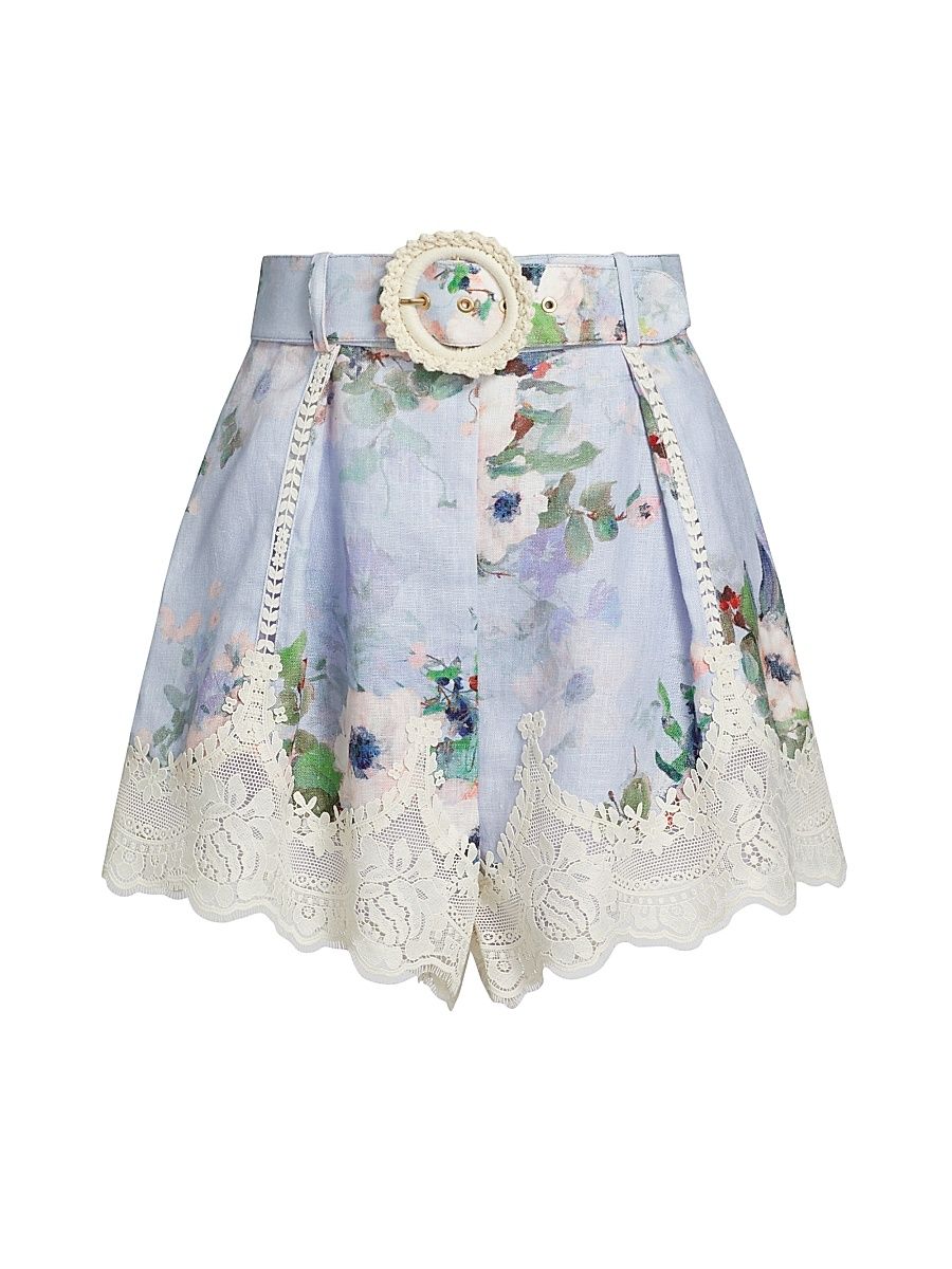 Women's Everley Lace-Trim Tuck Shorts - Light Blue Watercolour Floral - Size 6