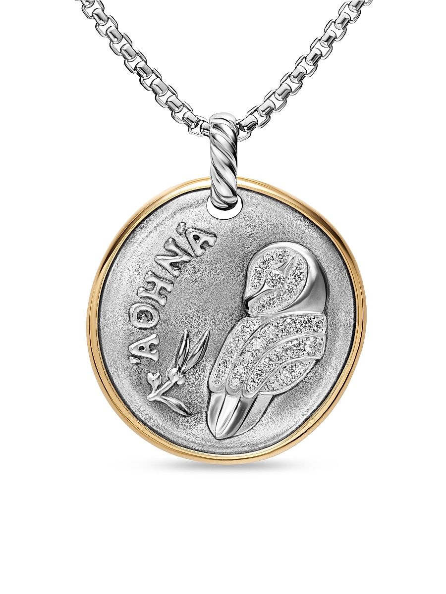 Women's Athena Medallion Amulet in Sterling Silver with 14K Yellow Gold and Diamonds, 29.5MM - Diamond