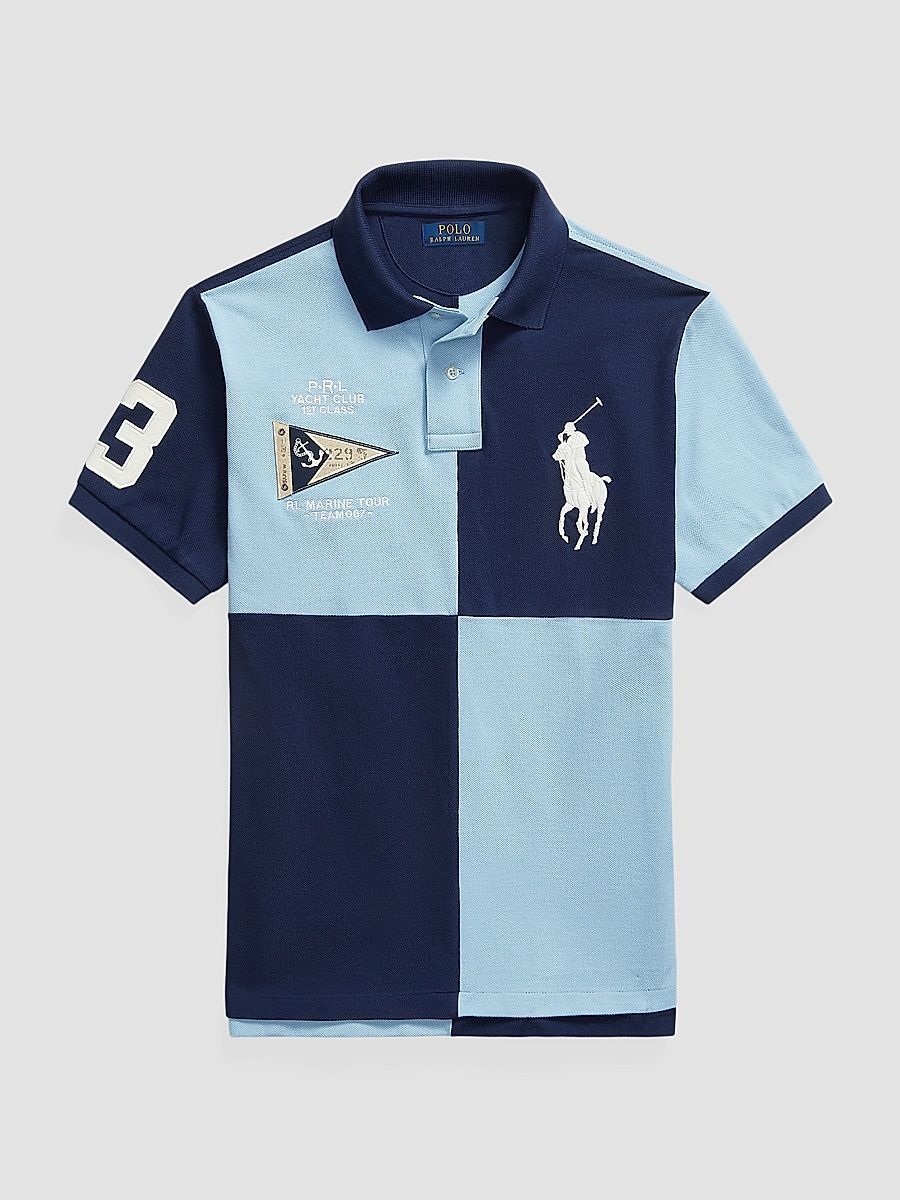 Men's Custom Slim-Fit Big Pony Mesh Polo Shirt - Navy Powder Blue - Size XXL