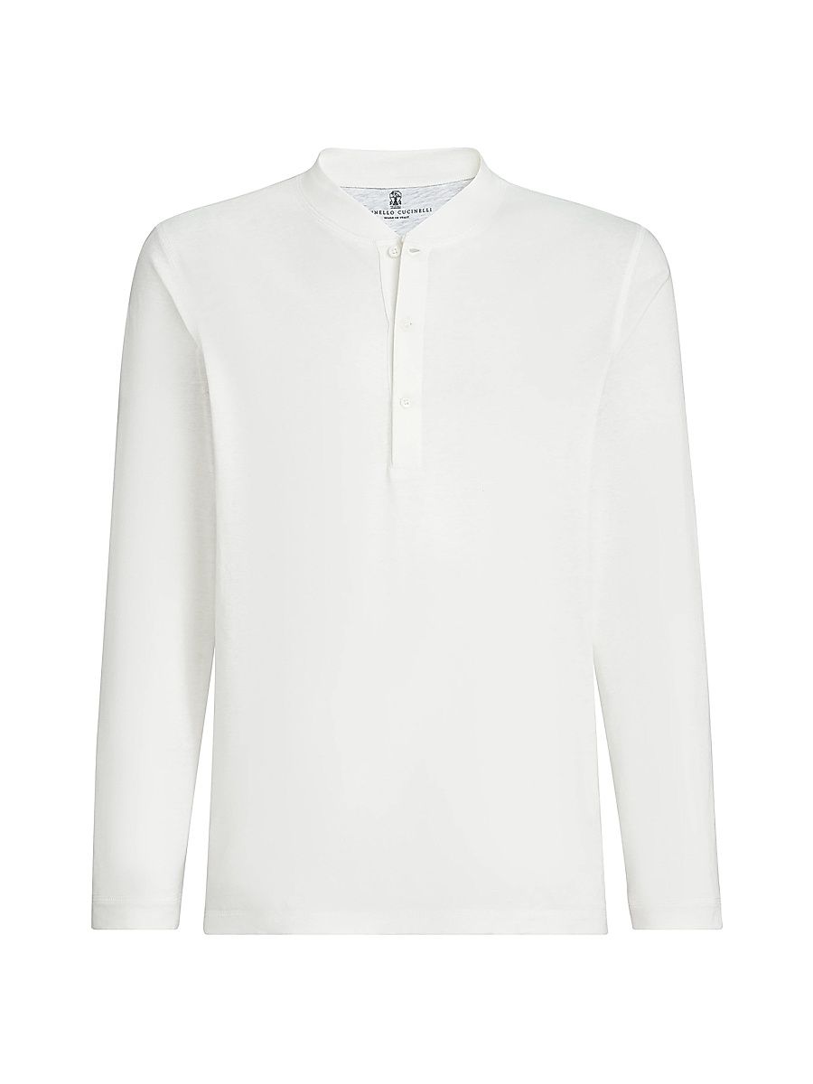 Men's Linen and Cotton Jersey Long Sleeve T-Shirt with Henley Collar - Off White - Size XXL