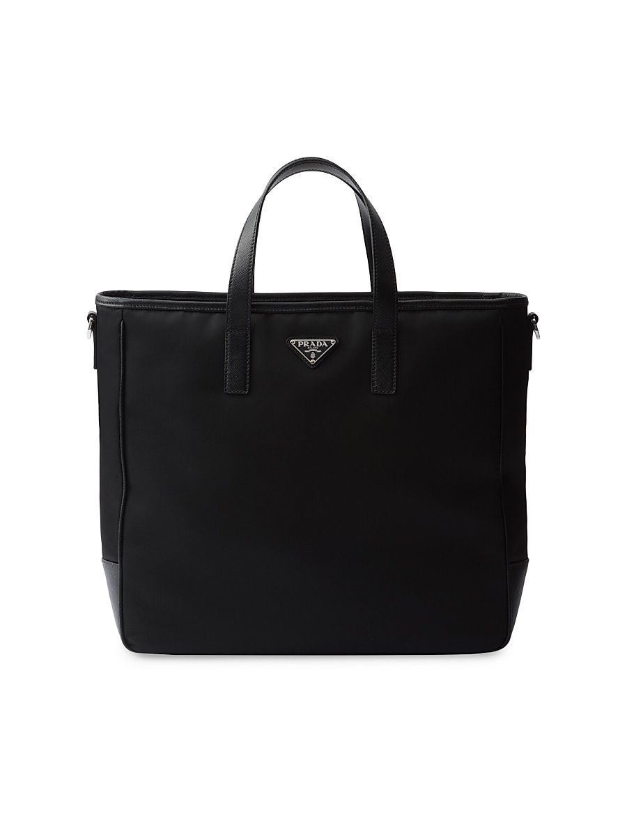 Men's Re-Nylon and Saffiano Leather Tote Bag - Black