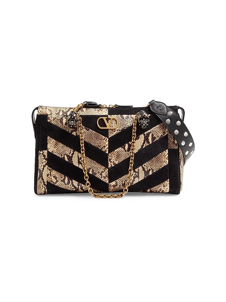 Women's Panthea Shoulder Bag with Chevron Motif - Natural Black