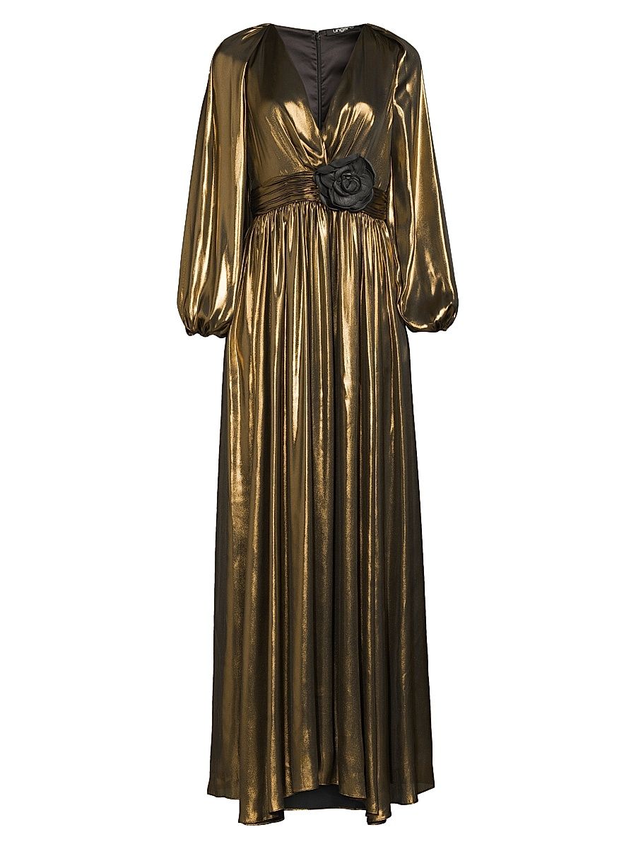 Women's Darya Metallic Lamé Balloon-Sleeve Gown - Black Gold - Size Large