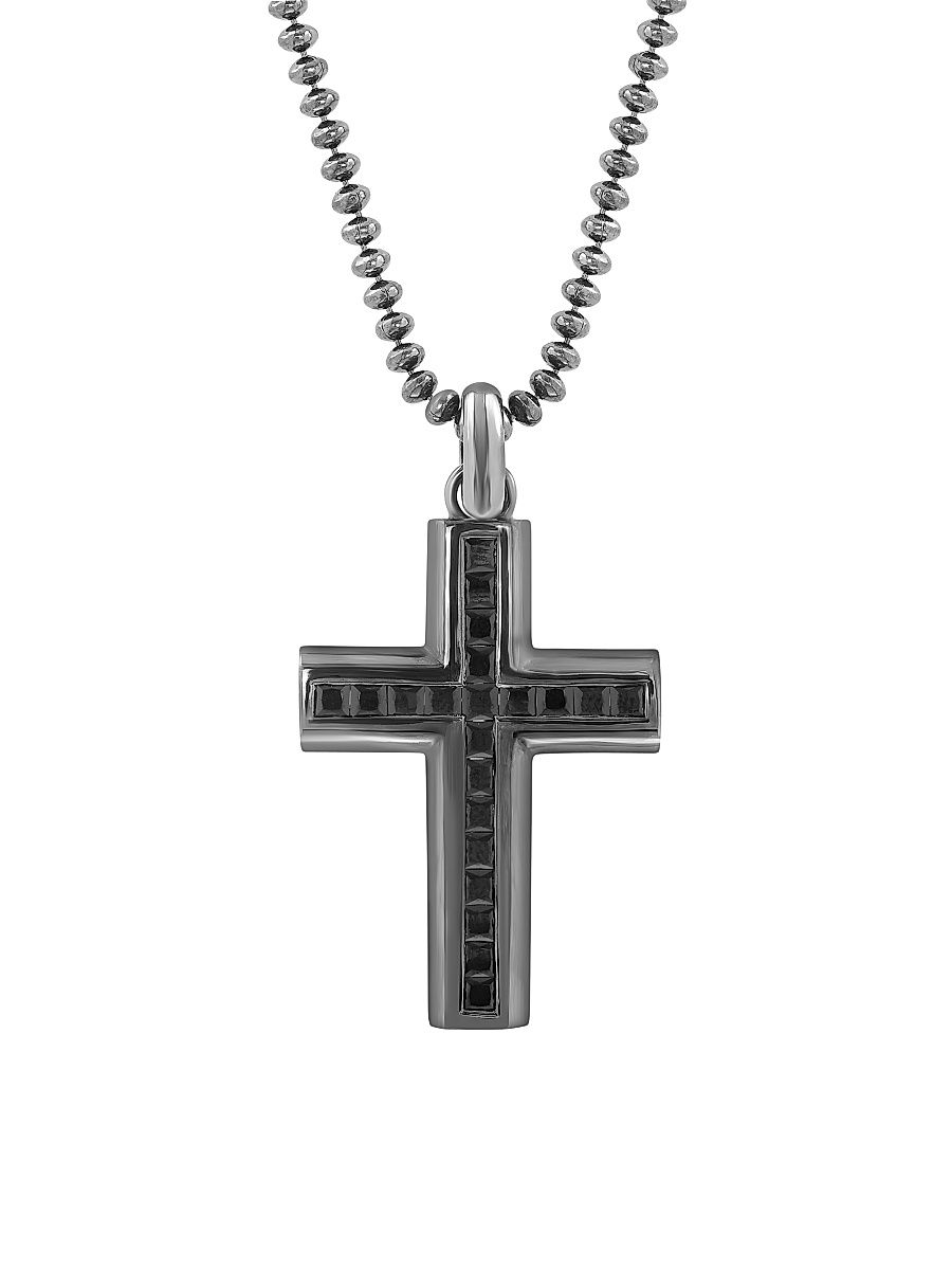 Men's Sterling Silver & Black Spinel Cross Pendant Necklace - Sterling Silver