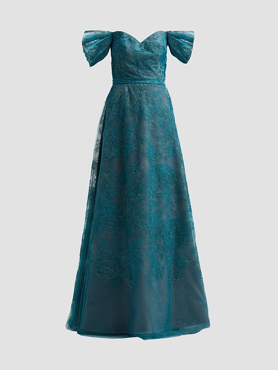 Women's Off-the-Shoulder Embroidered Tulle A-Line Gown - Teal - Size 2