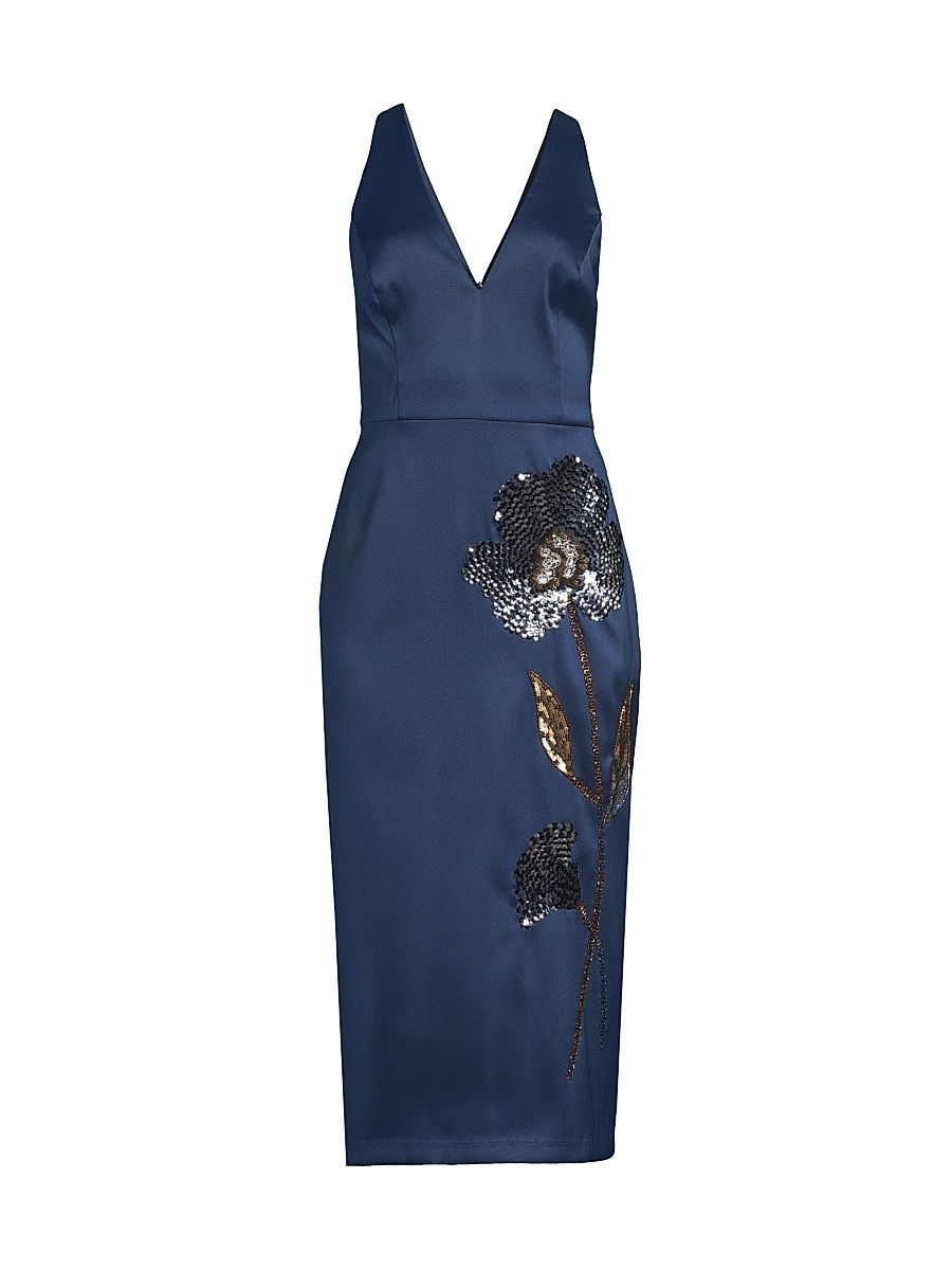 Women's Floral Embellished Sheath Cocktail Dress - Navy - Size 16