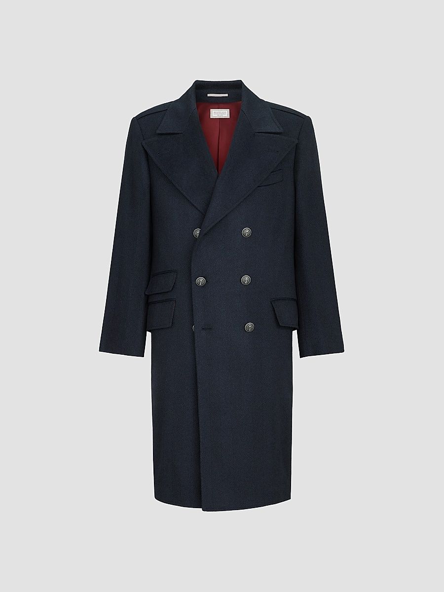 Men's Cashmere Chevron Flannel One-and-a-Half Breasted Coat - Navy Blue - Size 48