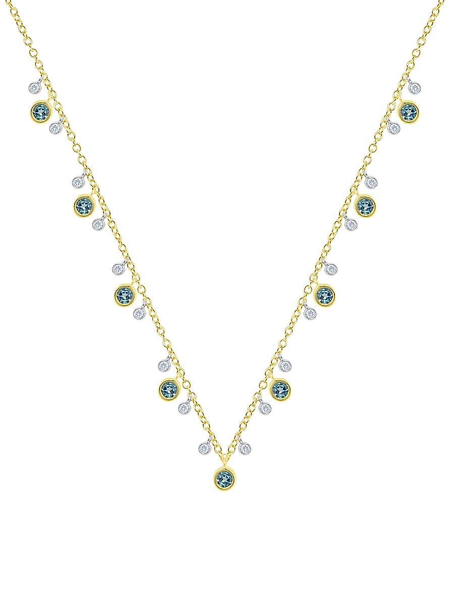 Women's Two-Tone 14K Gold, Blue Topaz & 0.20 TCW Diamond Bezel Charm Necklace - Yellow Gold