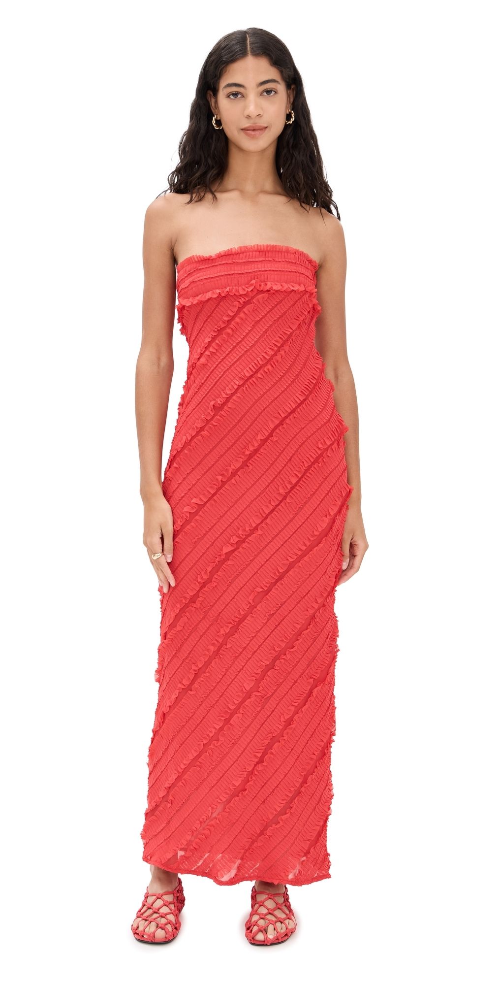 endless rose Strapless Ruffled Maxi Dress Red M