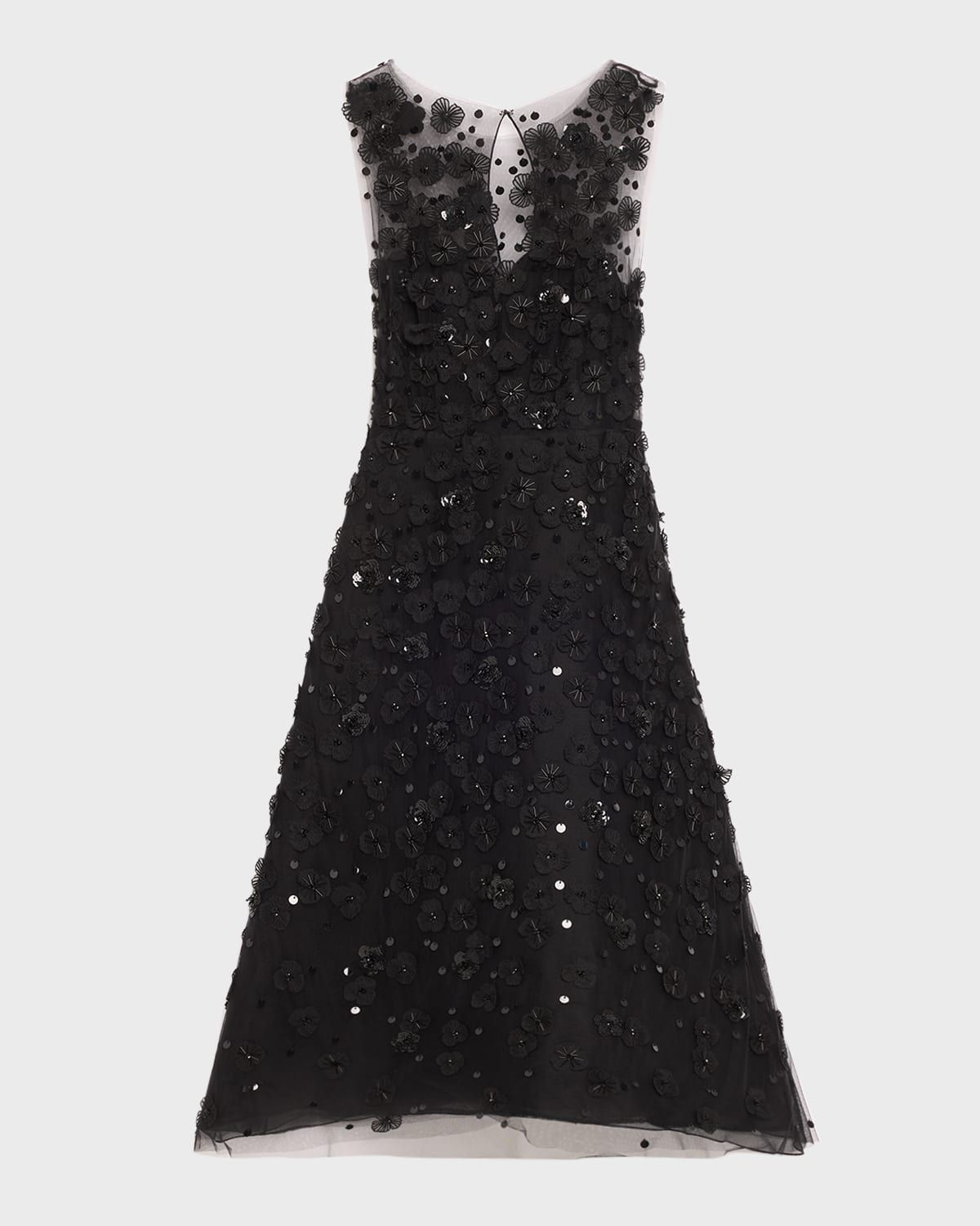 Floral Applique Sequined Beaded Midi Dress