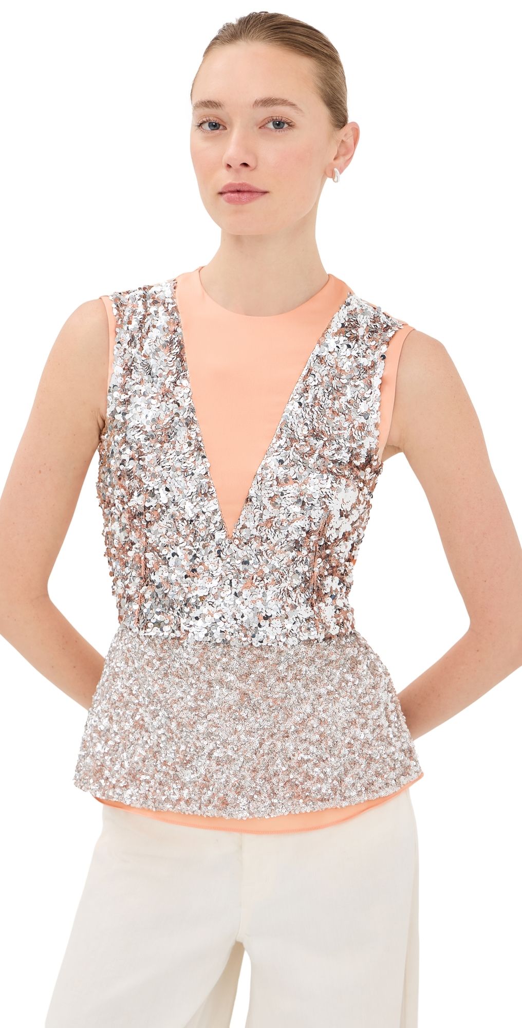 rabanne Double Layered Sequin Top Silver/Peach 42