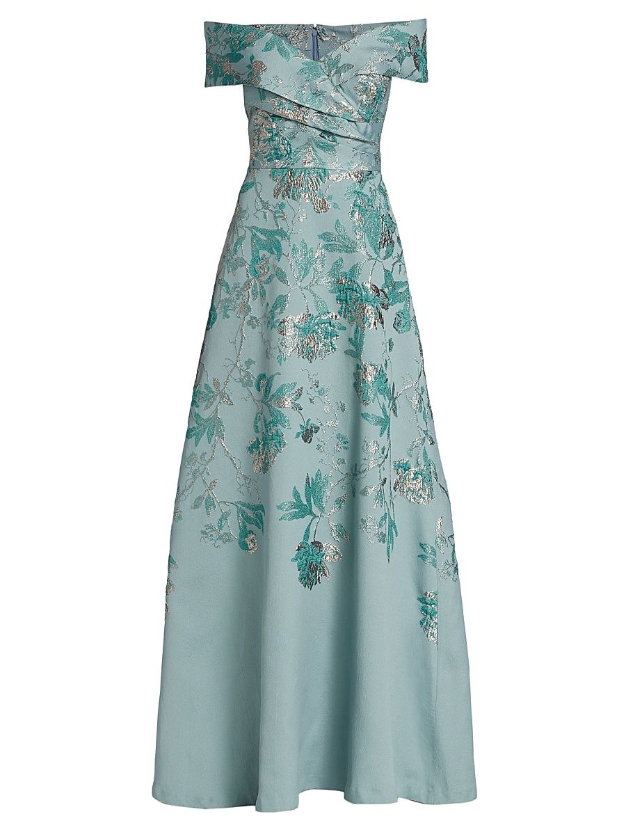Women's Metallic Jacquard Off-The-Shoulder Gown - Aqua Gold - Size 12