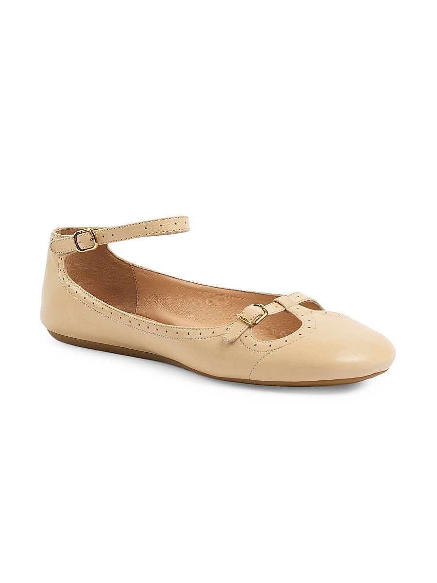 Women's Misty Perforated Leather T-Strap Flats - Petal Beige - Size 11