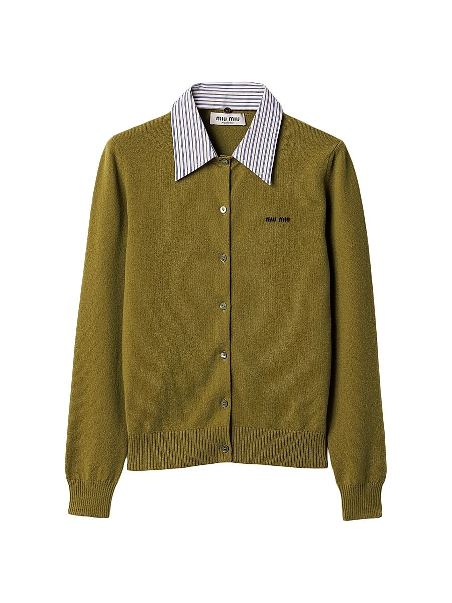 Women's Cashmere Cardigan with Collar - Green - Size 2