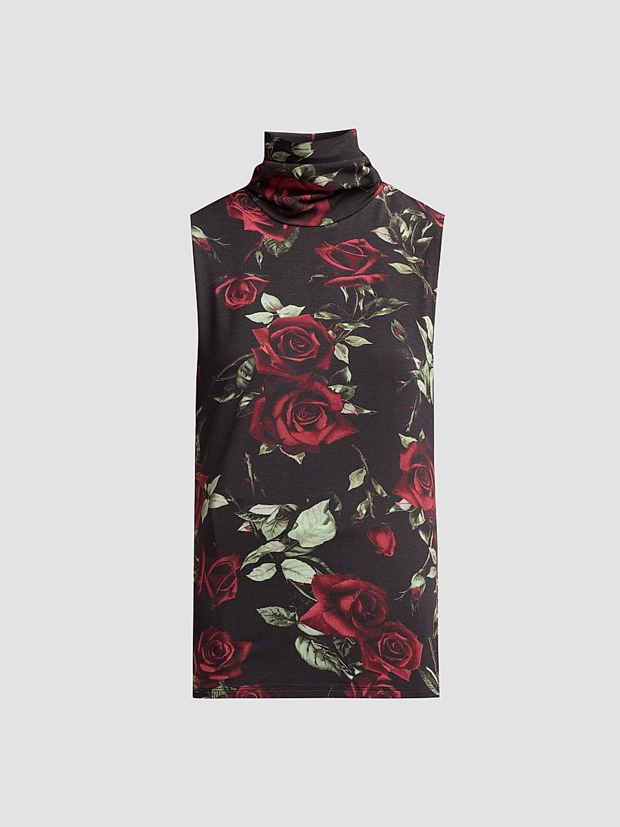 Women's Ceci Sleeveless Turtleneck Top - Black Burgundy Rose - Size XL