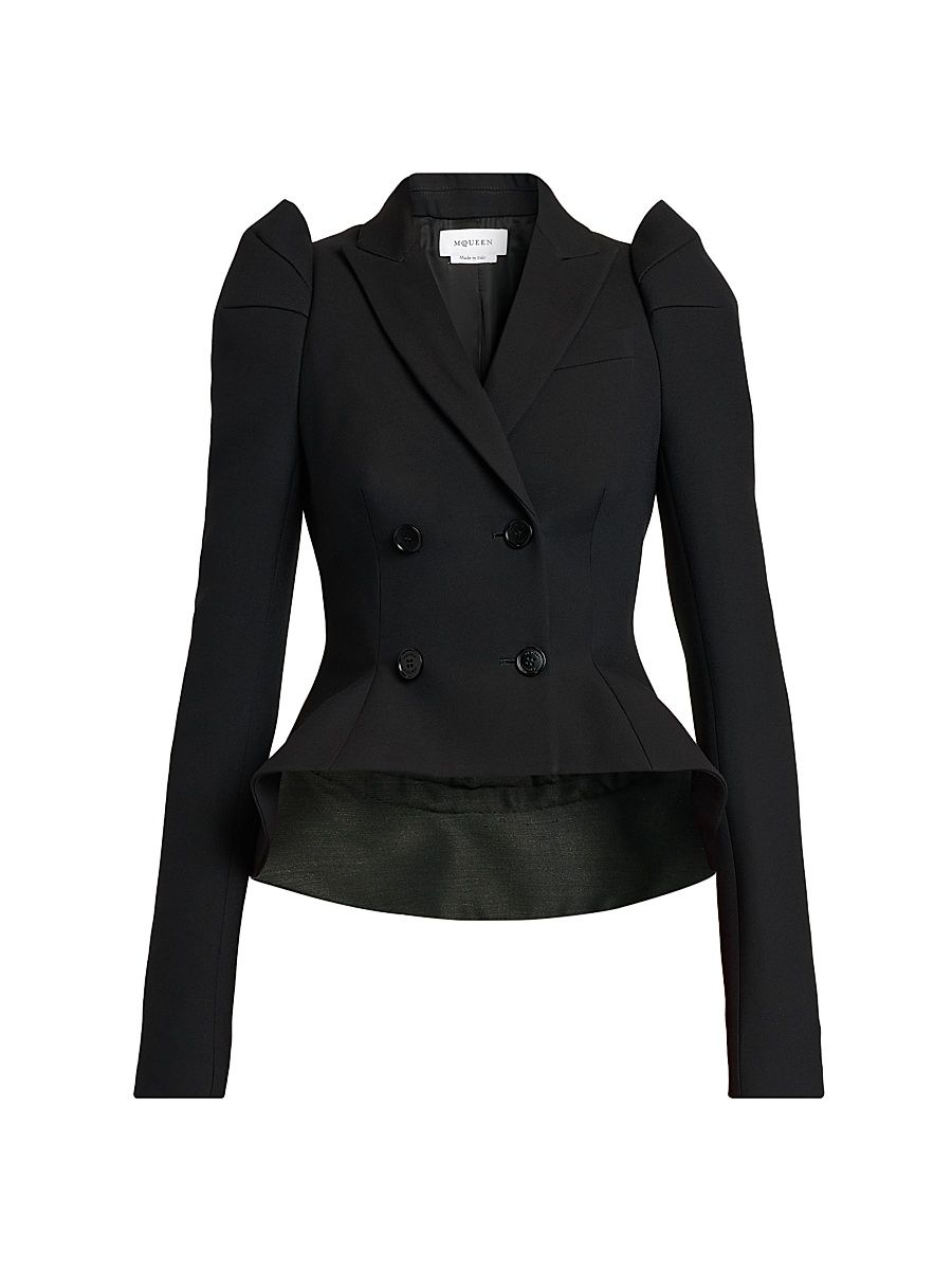 Women's Stretch-Wool Crop Double-Breasted Blazer - Black - Size 10
