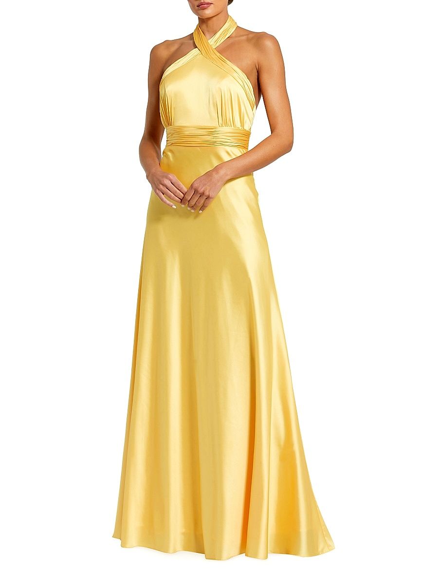 Women's Halter Neck Tie-Back Ruched Satin Gown - Lemon - Size 12