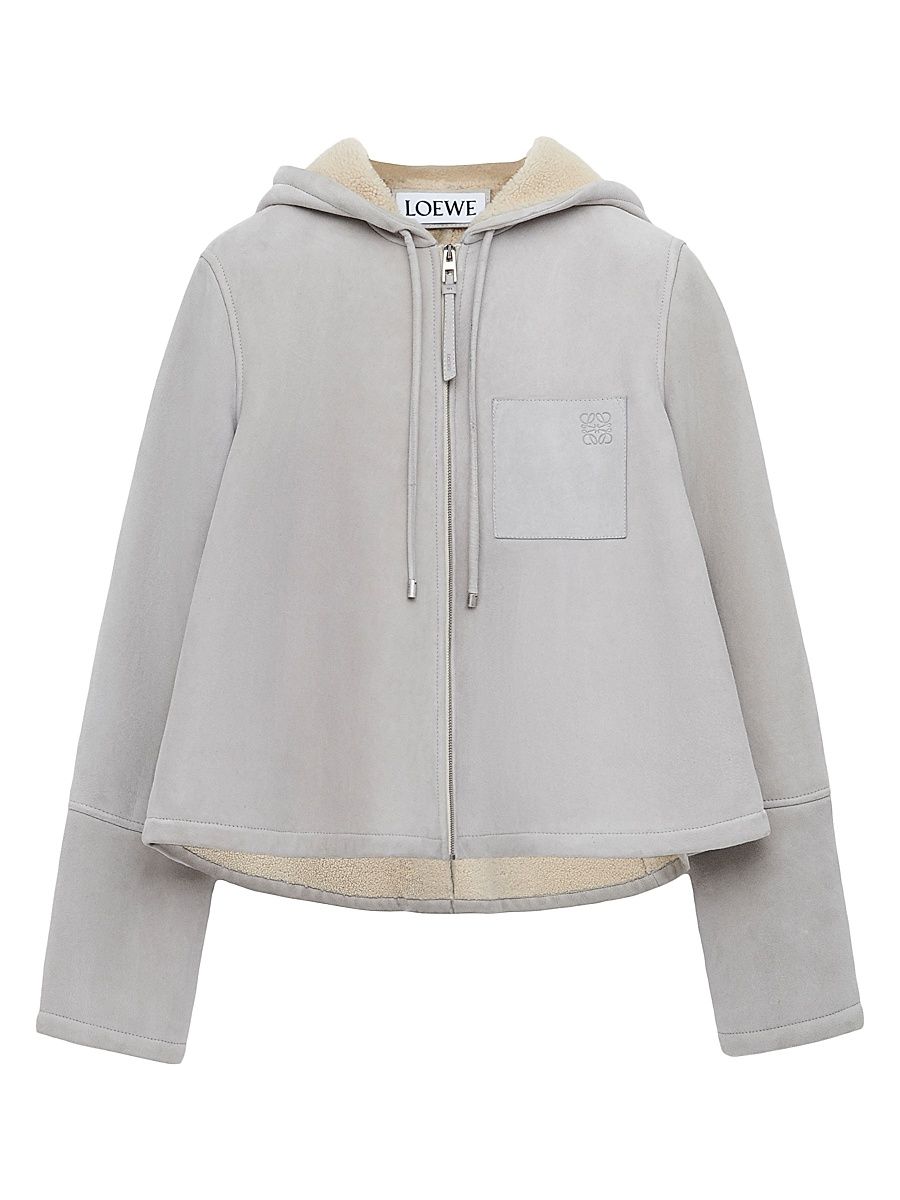 Women's Shearling-Lined Leather Hooded Jacket - Light Grey - Size 8