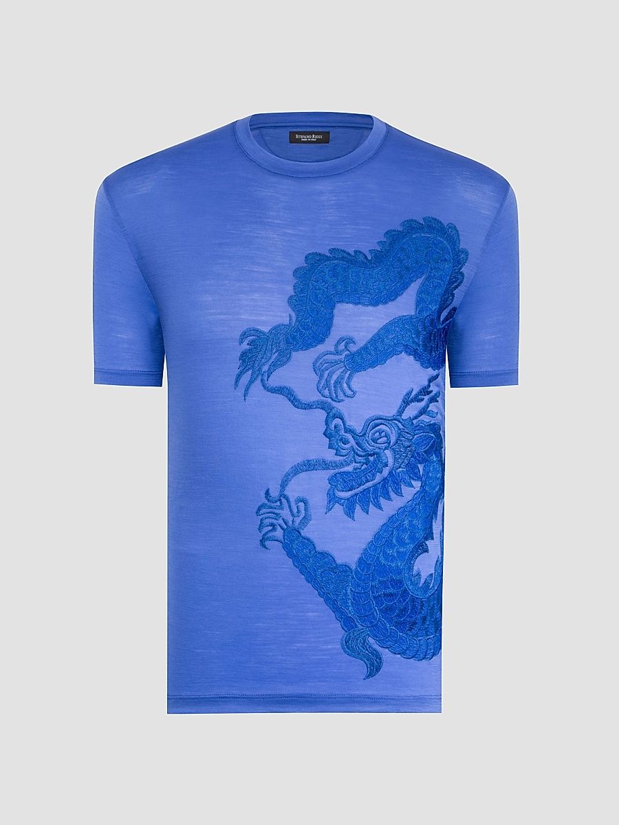 Men's Dragon Embroidered Design T-Shirt - Mediterranean - Size XXXL