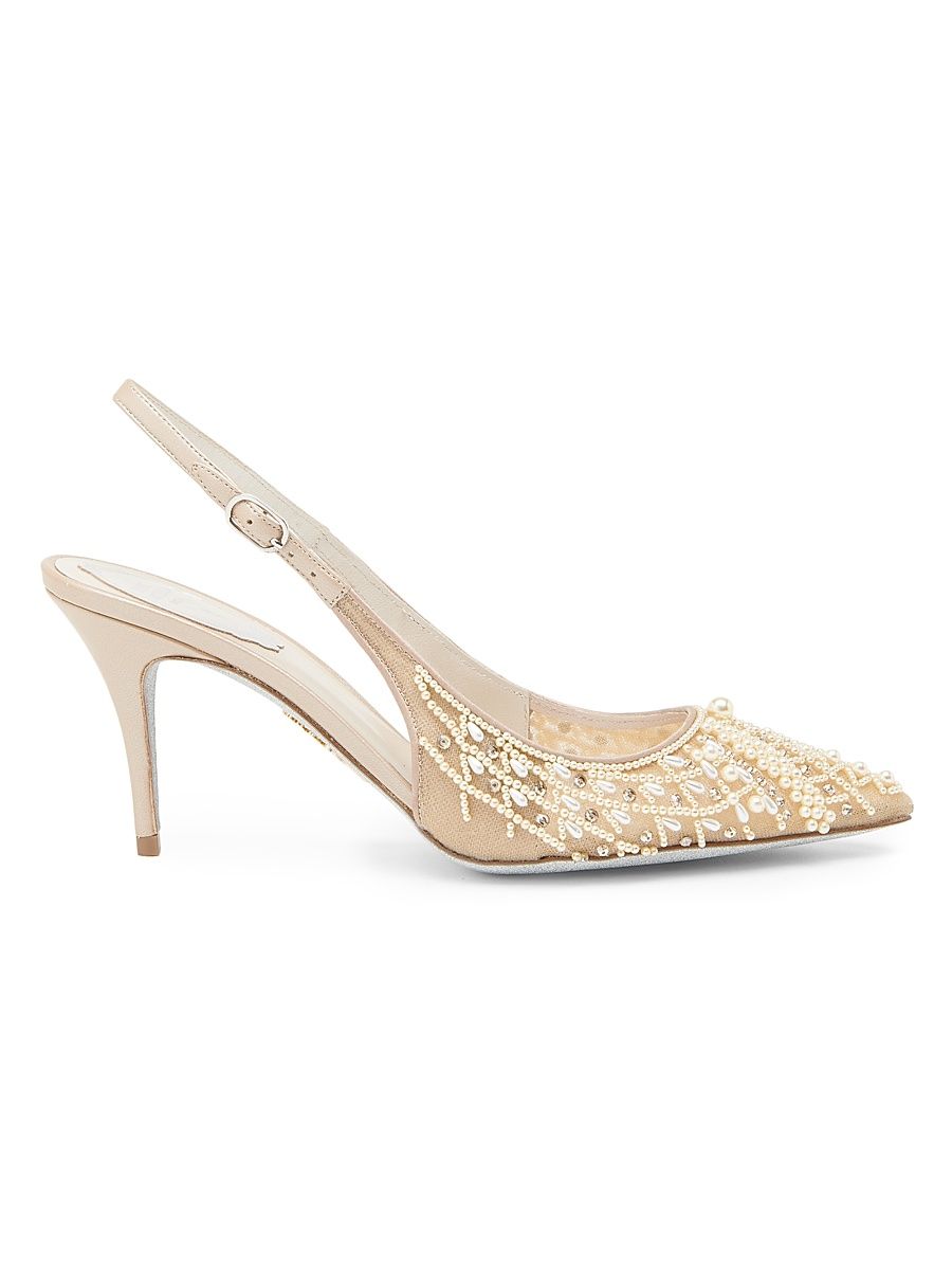 Women's 80MM Embellished Pumps - Beige Net Tulle Pearls - Size 10