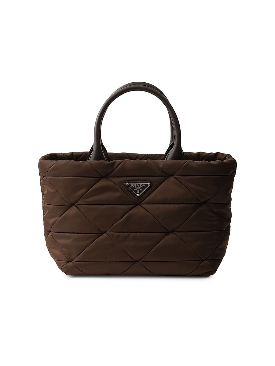 Women's Medium Padded Re-Nylon and Leather Top Handle Bag - Dark Brown