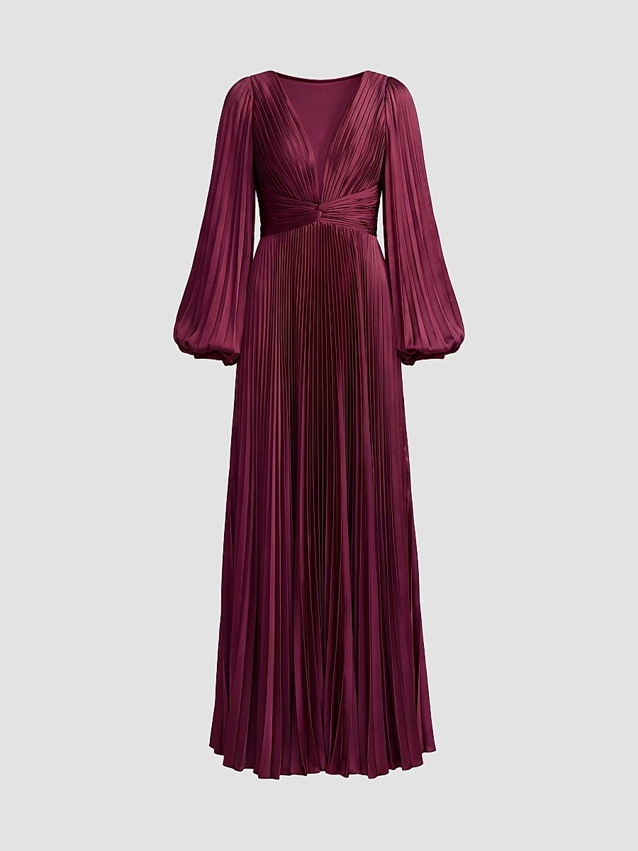 Women's Pleated Charmeuse Deep V-Neck Gown - Wine - Size 16