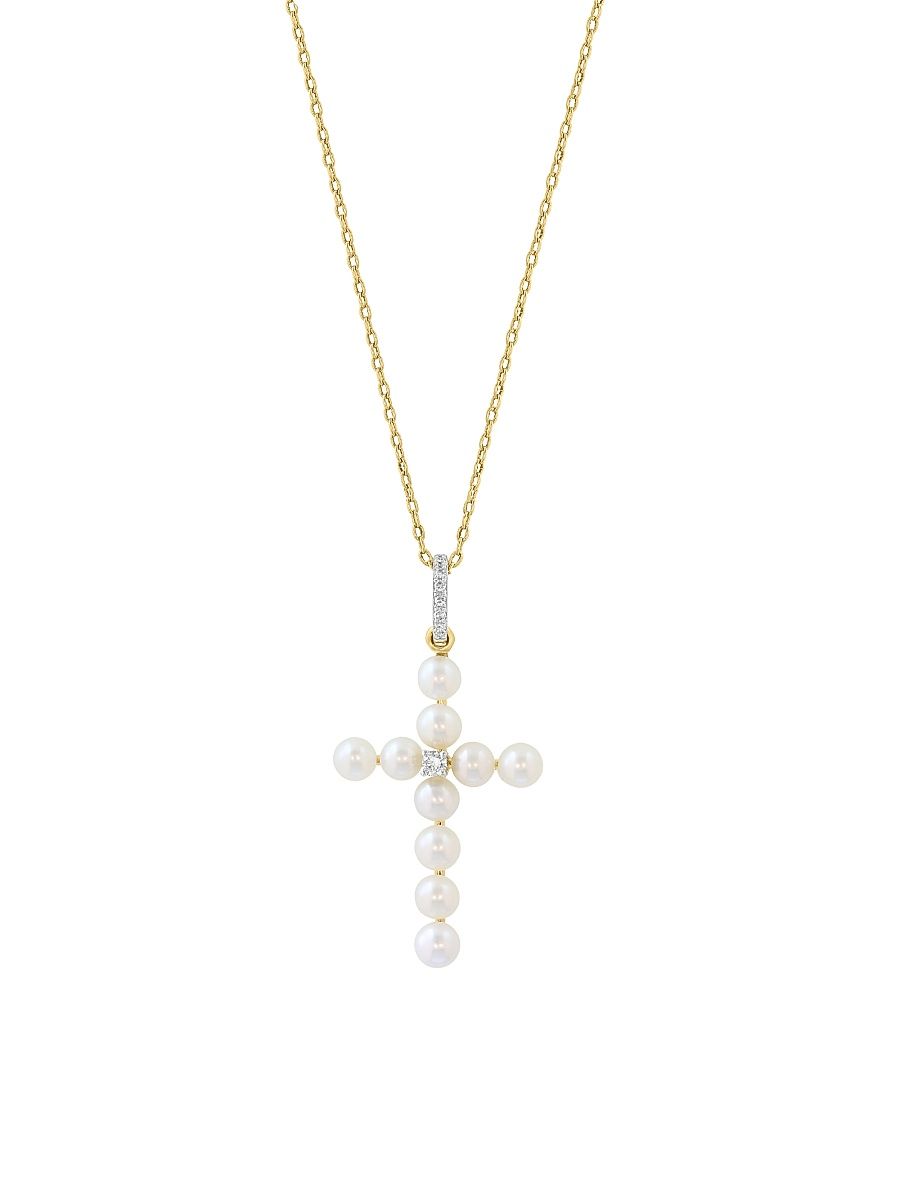 Women's 18K Yellow Gold, Cultured Freshwater Pearl & 0.06 TCW Diamond Cross Pendant Necklace - Yellow Gold