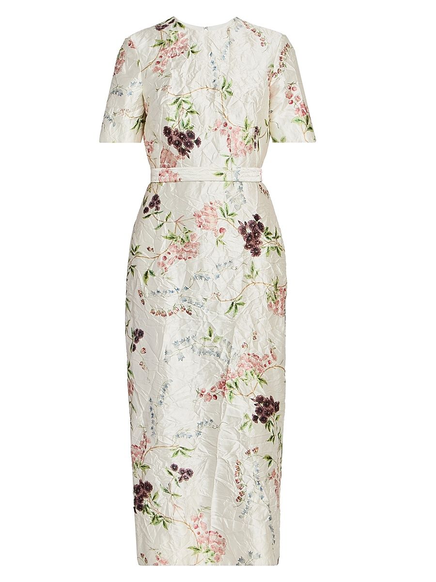 Women's Floral Textured Satin Midi-Dress - French Chintz Multi White - Size 12