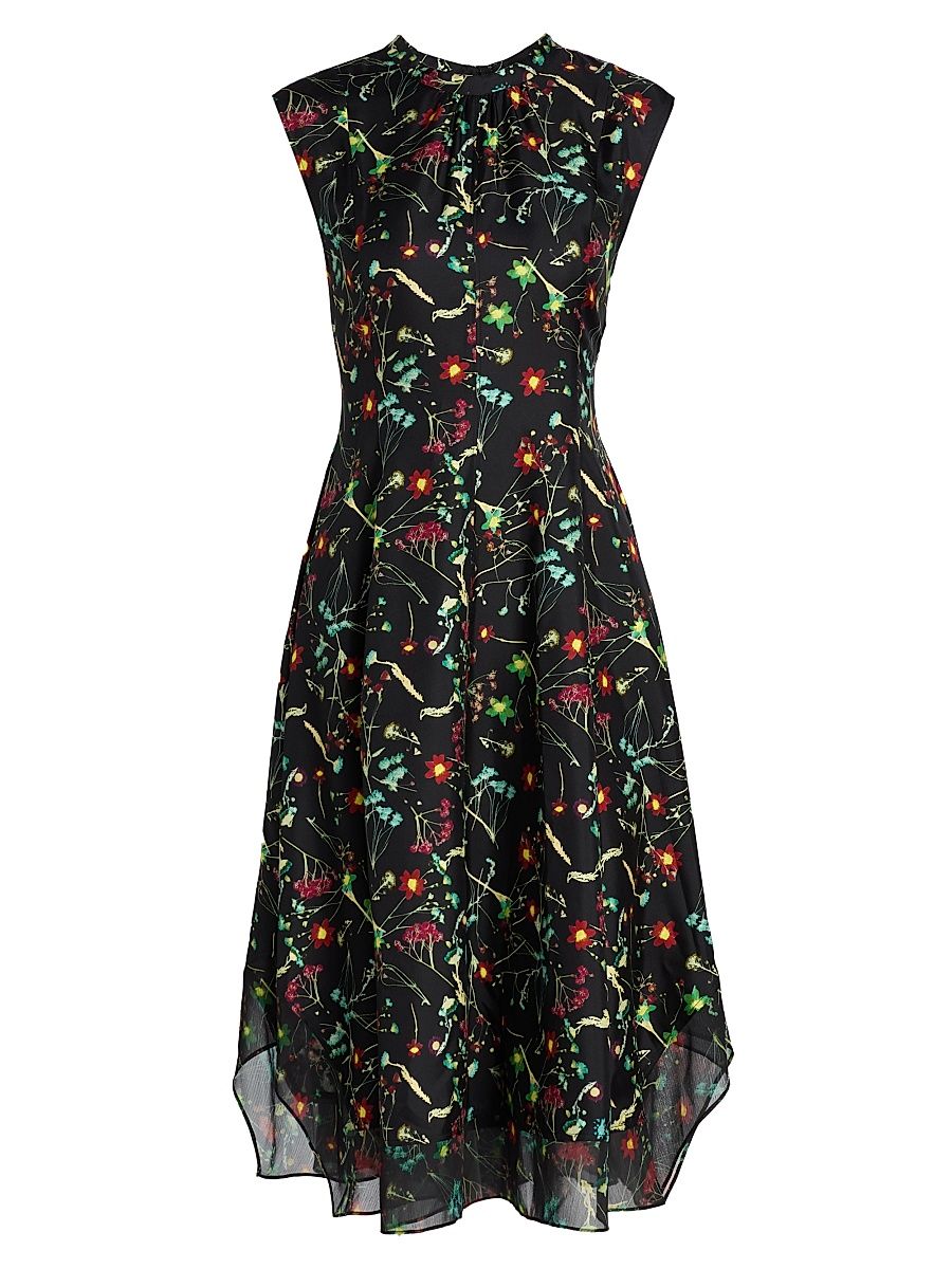 Women's Bliss Floral Silk Fit & Flare Midi-Dress - Black Multi - Size 12