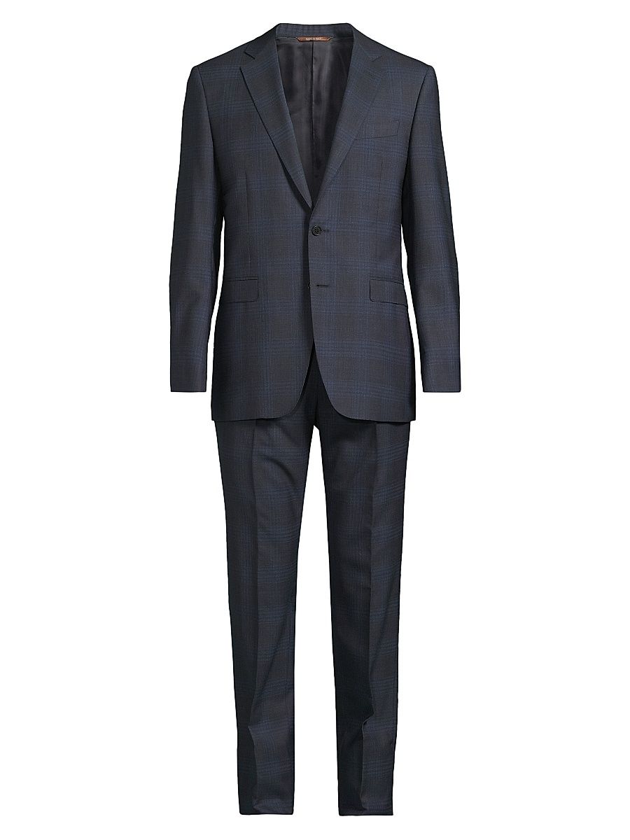 Men's Milano-Trim Fit Plaid Suit - Dark Blue - Size 46