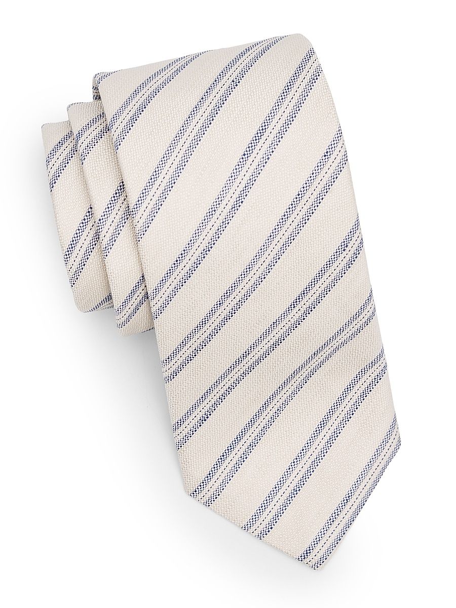 Men's Striped Woven Silk Tie - White With Blue