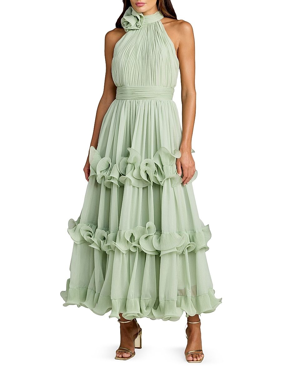 Women's Pleated Chiffon Tiered Midi-Dress - Jade - Size 14