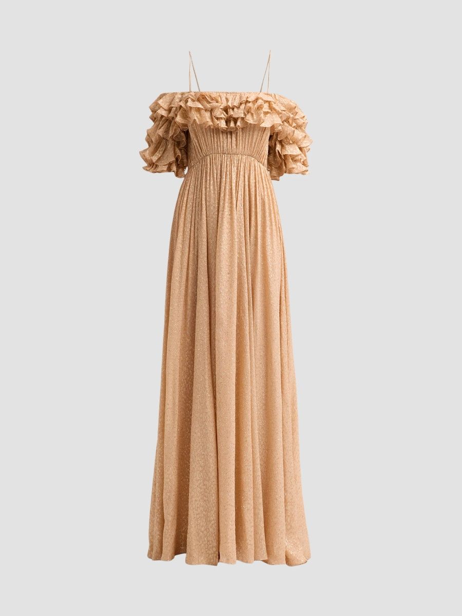 Ulla Johnson Women's Persephone Ruffled Metallic Silk-Blend Off-Shoulder Gown - Cosmos - Size 0