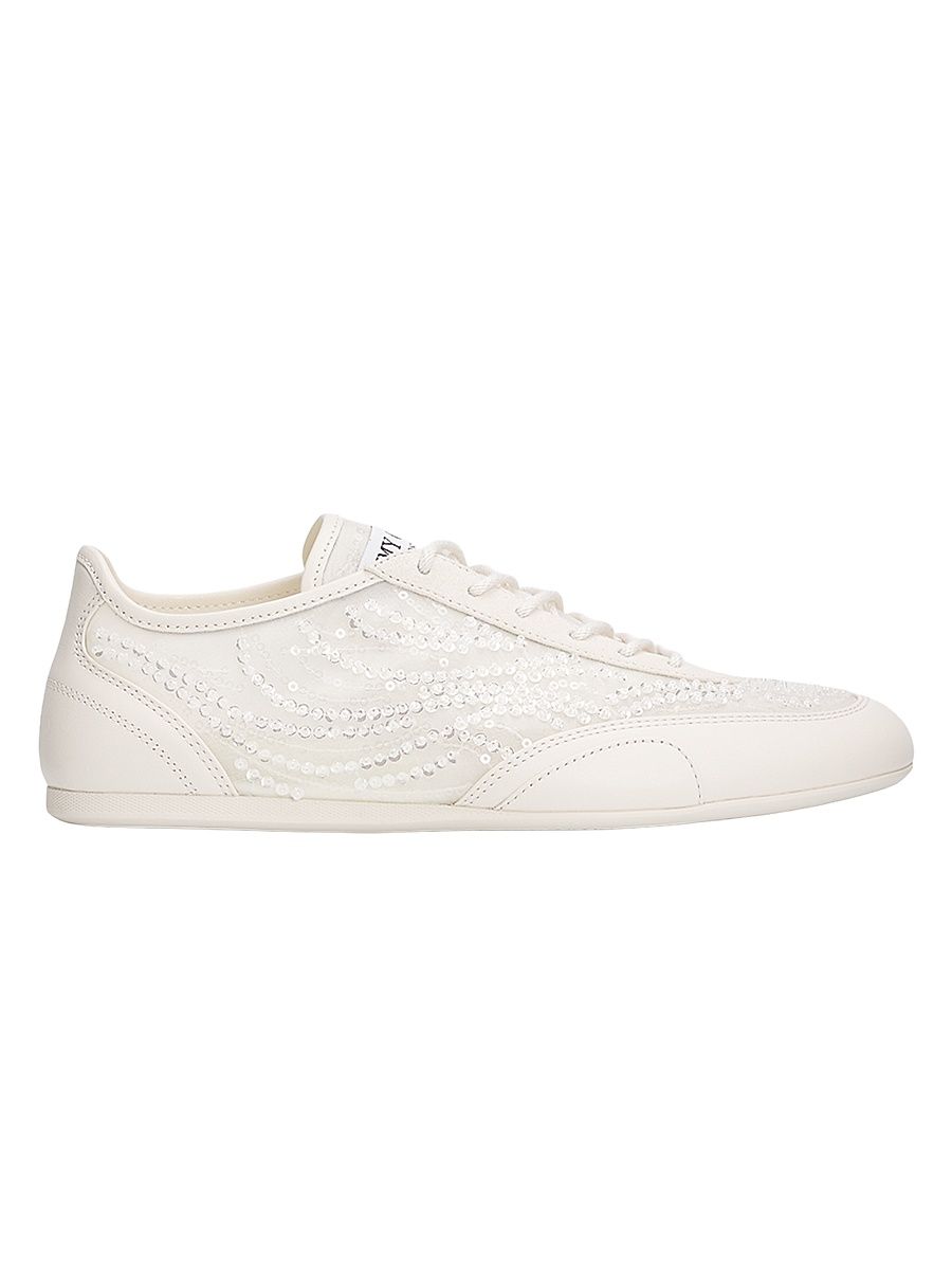 Women's Sunny Mesh & Sequins Embroidered Leather Sneakers - Ivory Latte - Size 11.5