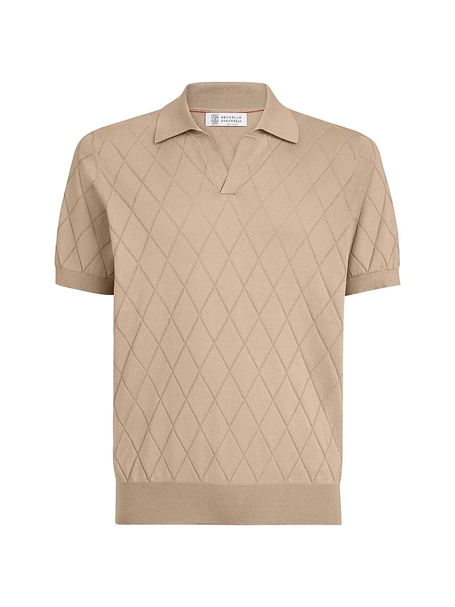 Men's Cotton Textured Argyle Lightweight Knit Polo Shirt - Beige - Size 44