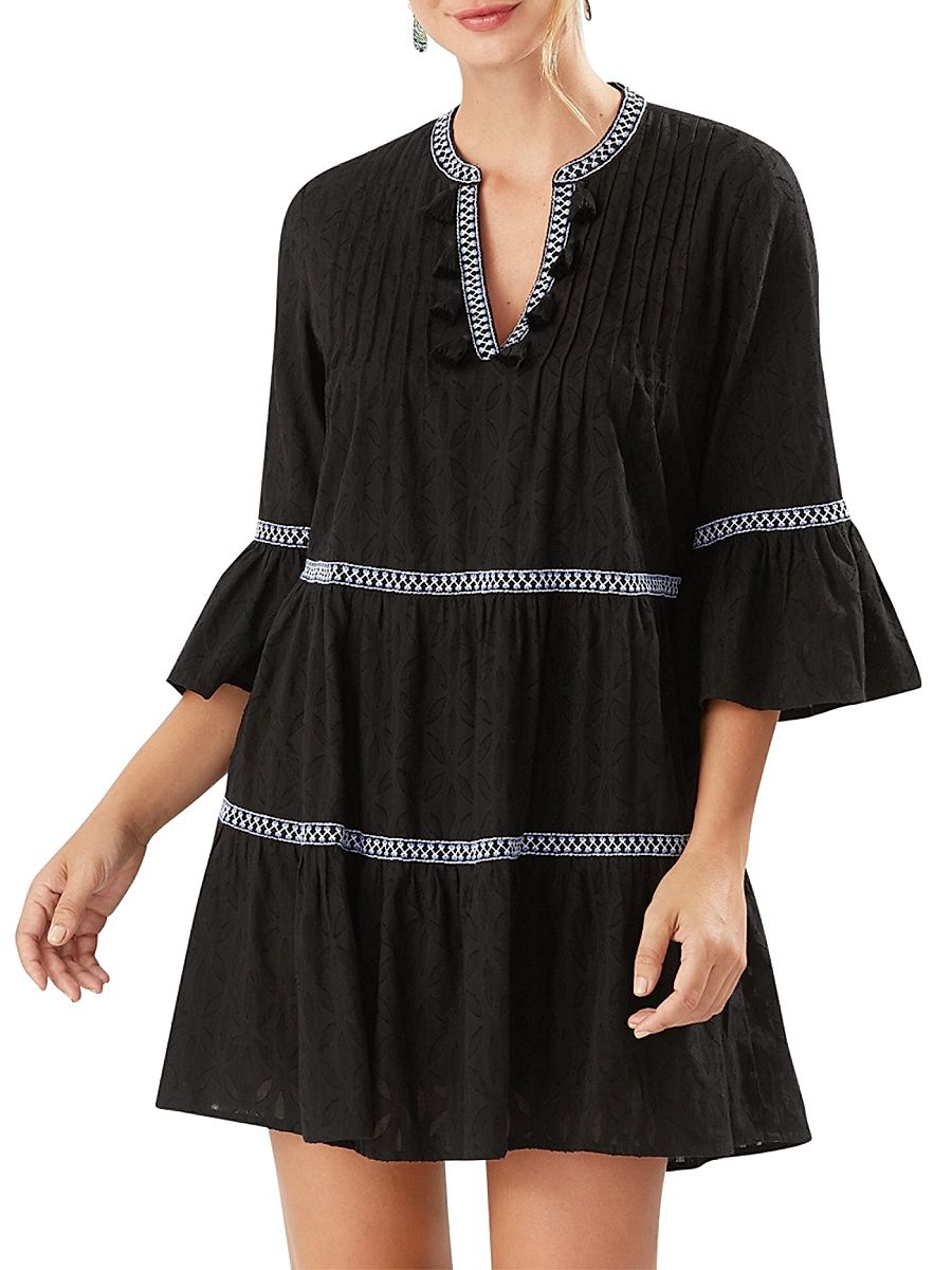 Women's Embroidered Tassel Cotton Tunic Dress - Black - Size Medium