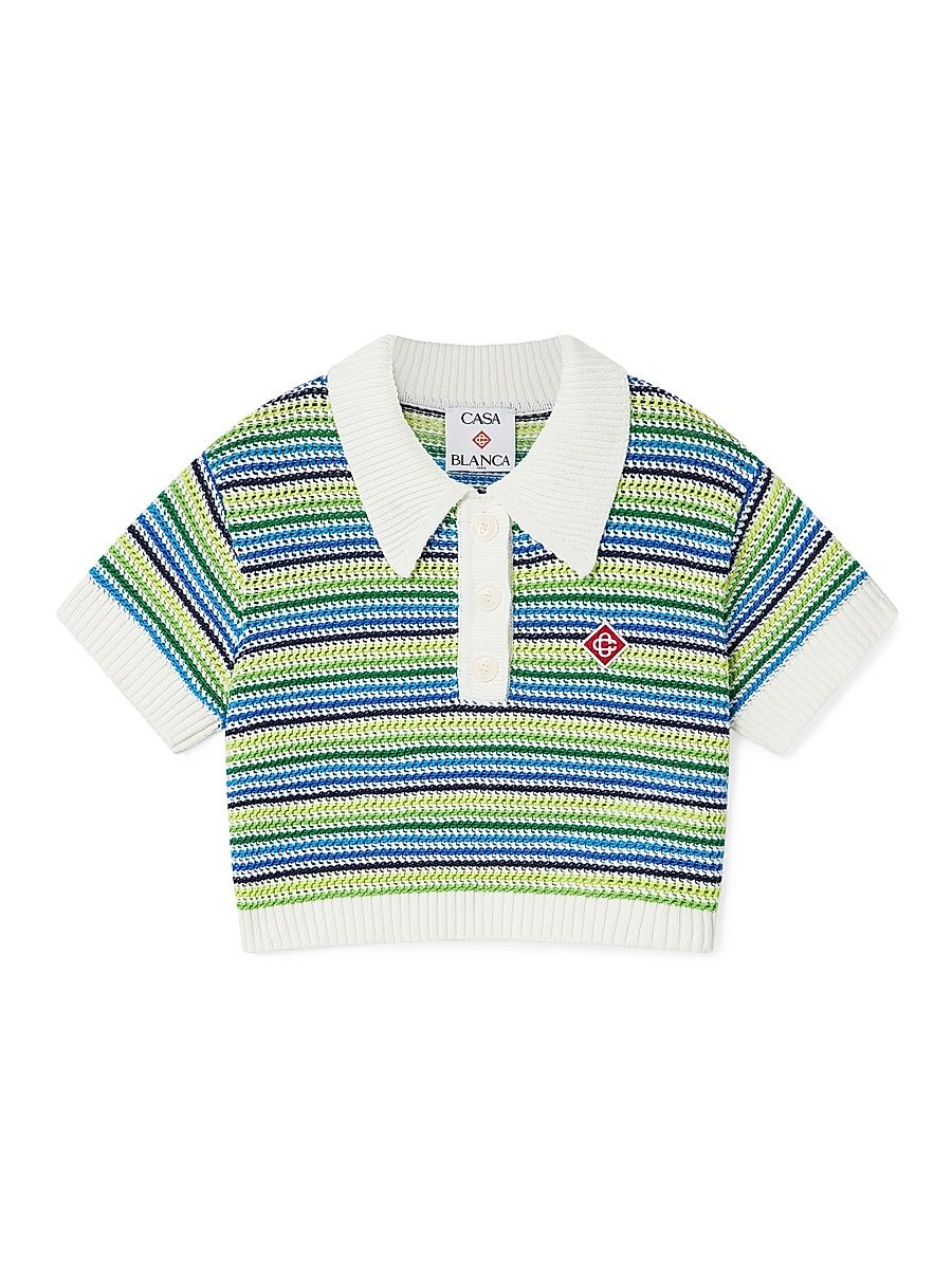 Little Girl's & Girl's Stripe Crochet Crop Polo Shirt - Size 13