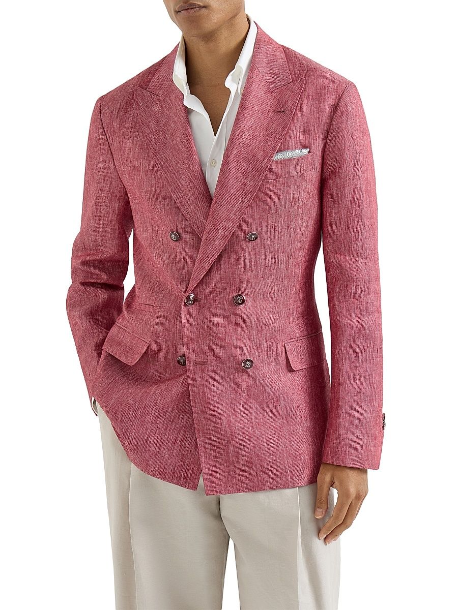 Men's Linen Denim One and A Half Breasted Deconstructed Blazer with Metal Buttons - Strawberry - Size 48