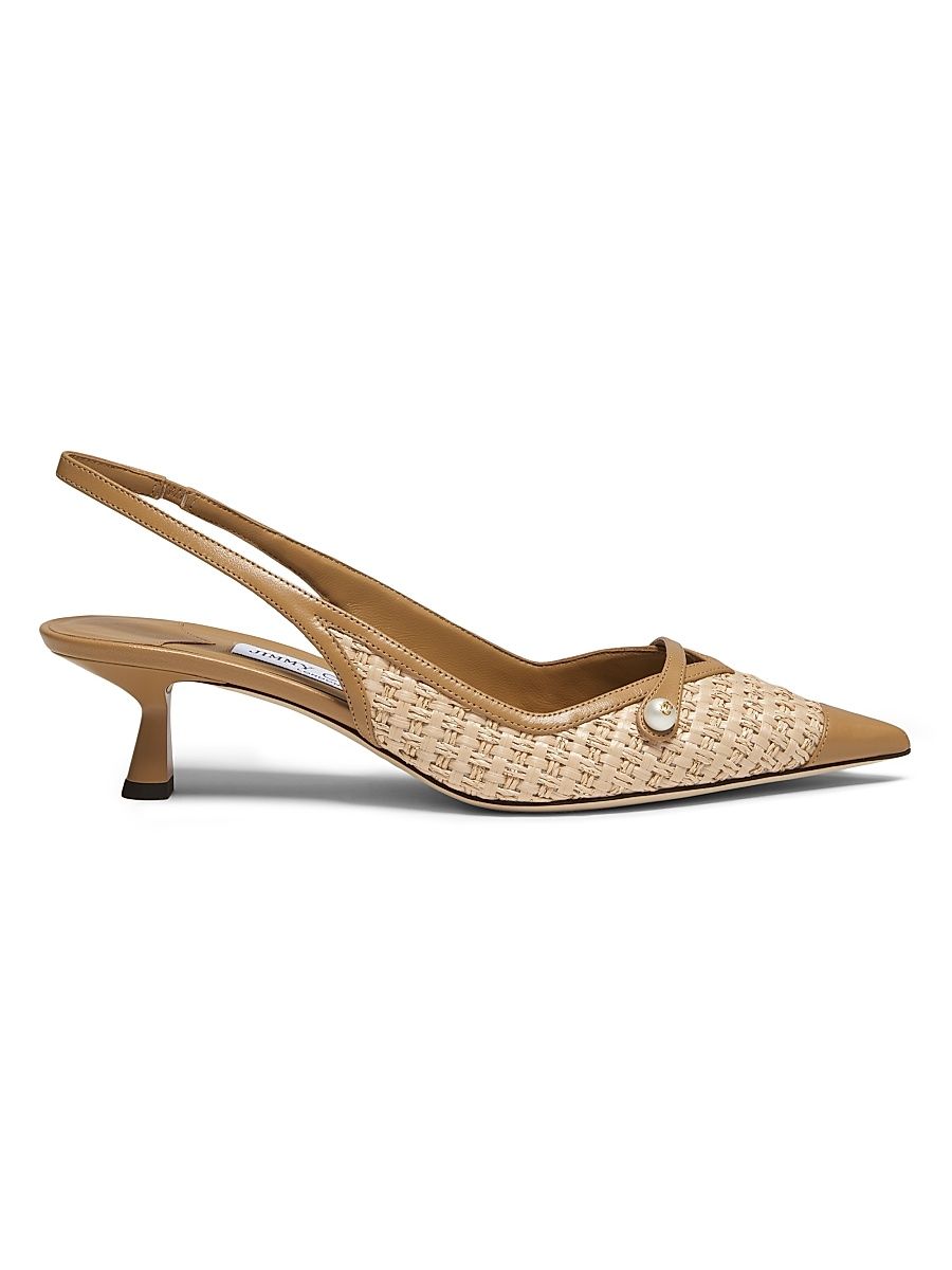 Women's Amita 45MM Raffia & Leather Slingback Pumps - Cappuccino Natural - Size 9.5