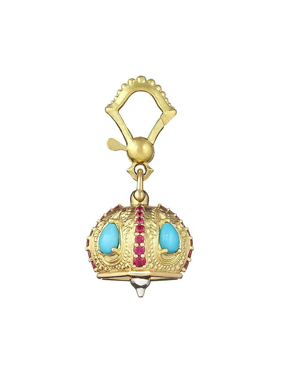 Women's Meditation Bells # 2 Raja Bell 18K Gold, Turquoise & Ruby Charm - Yellow Gold