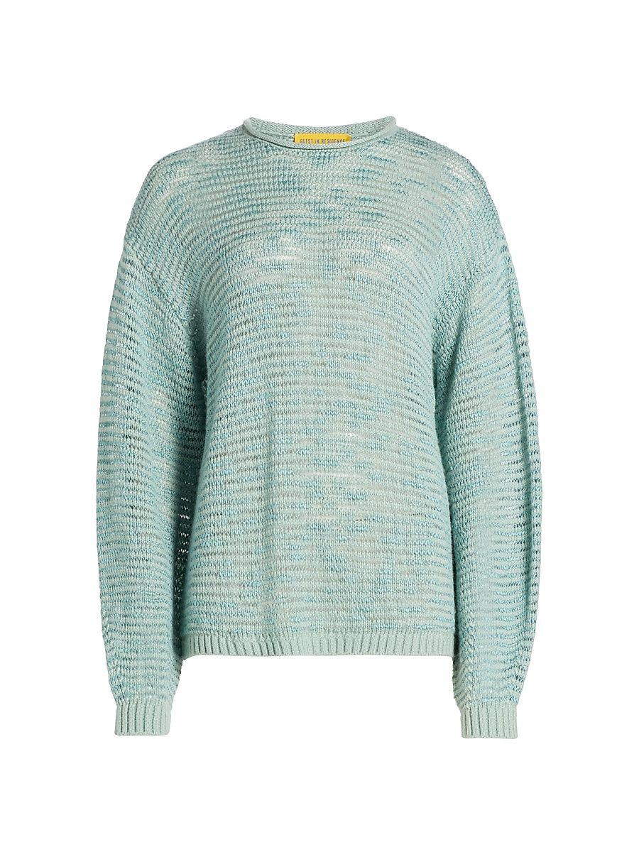 Women's Open-Knit Striped Merino Wool-Blend Sweater - Sage Brush - Size XL