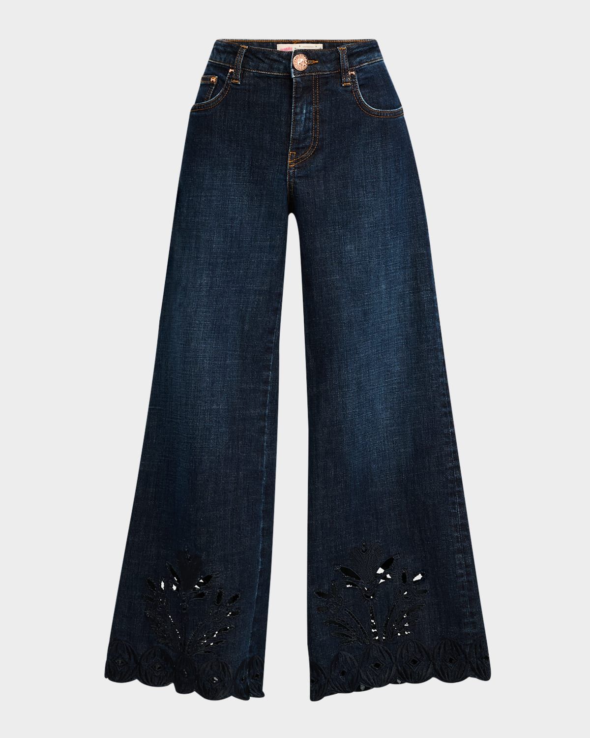 Eyelet Cutout Wide-Leg Ankle Jeans