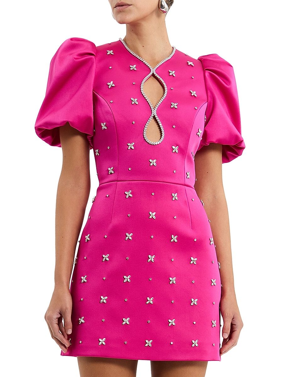 Women's Saskia Embellished Balloon-Sleeve Minidress - Hot Pink - Size 12