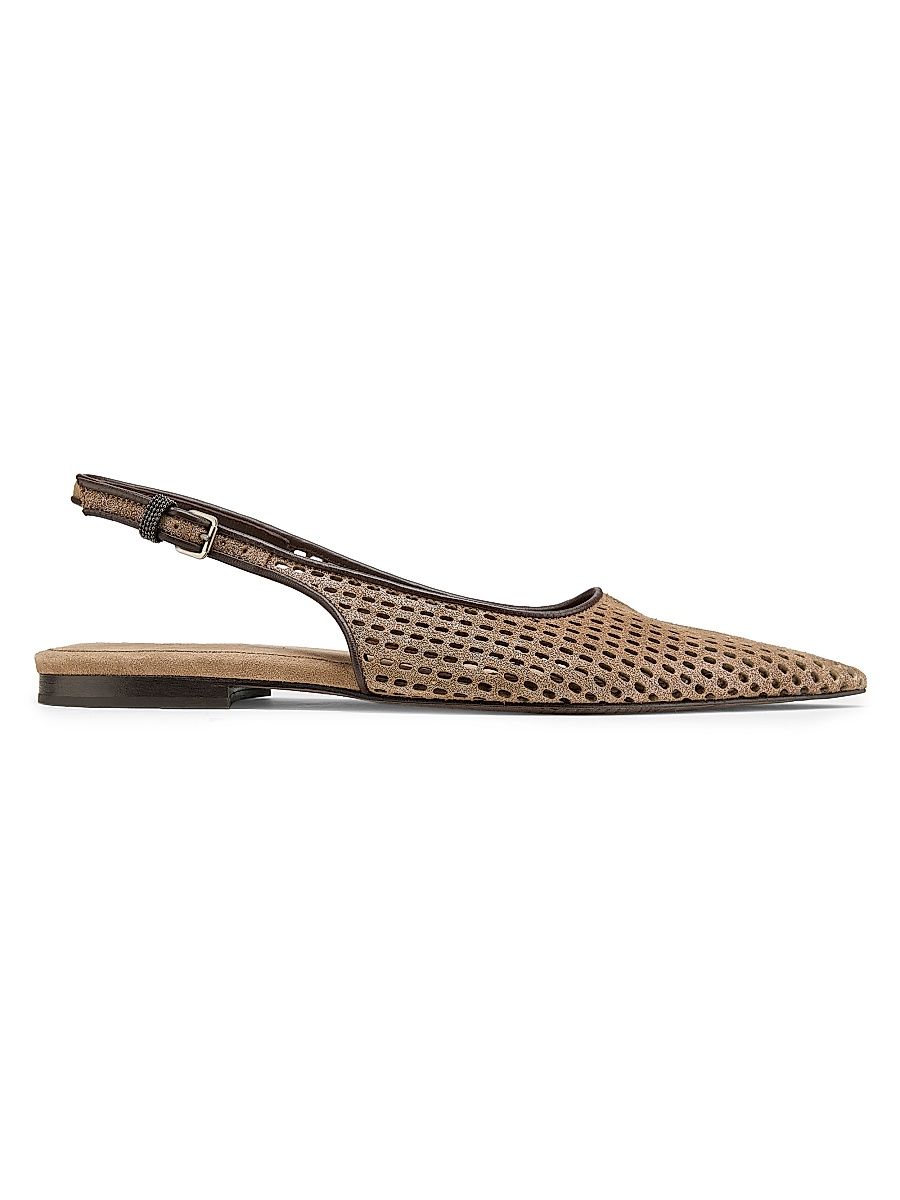 Women's Perforated Laminated Suede Slingback Flats - Chestnut - Size 10